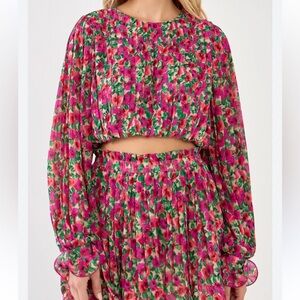 ENDLESS ROSE WOMENS FLORAL PLEATED BUBBLE TOP BLOUSE PINK MEDIUM